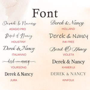 K&ouml;nnte beinhalten: Ein visueller Vergleich verschiedener Schriftarten, der den Text "Derek & Nancy" in verschiedenen Stilen zeigt, darunter Adagio Pro, Houstiny, Italianno, Yoursong, Jura, Holland, Ink Free, Violeta, Khmer UI und Kinfolk.