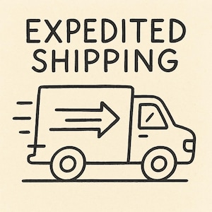 May include: Black and white line art illustration of a delivery truck with an arrow, and the words "EXPEDITED SHIPPING" above it. The truck has a boxy cargo area and is shown in motion, with speed lines behind it.