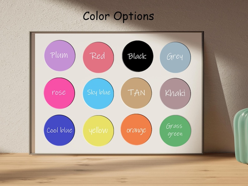 Pu&ograve; includere: Tabella delle opzioni di colore con 12 diversi campioni di colore. I colori sono: prugna, rosso, nero, grigio, rosa, azzurro, marrone, kaki, blu freddo, giallo, arancione e verde erba.