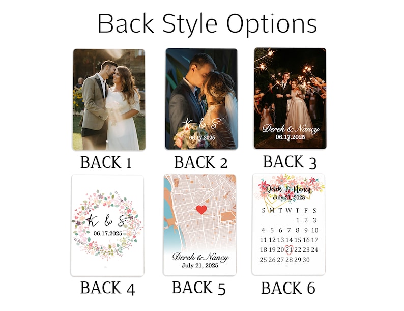 K&ouml;nnte beinhalten: Sechs verschiedene R&uuml;ckseitendesigns f&uuml;r eine Hochzeitseinladung. Die Designs beinhalten ein Foto des Paares, einen Blumenkranz, eine Stadtkarte mit einem Herzen, einen Kalender mit dem hervorgehobenen Hochzeitsdatum und zwei verschiedene Fotodesigns mit den Namen des Paares und dem Hochzeitsdatum.