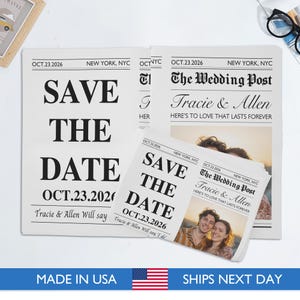 May include: Newspaper-style wedding announcements with the headline "Save the Date" and the date "Oct.23.2026." The announcements feature the names Tracie & Allen and a photo. The text "Here's to love that lasts forever" is also included.