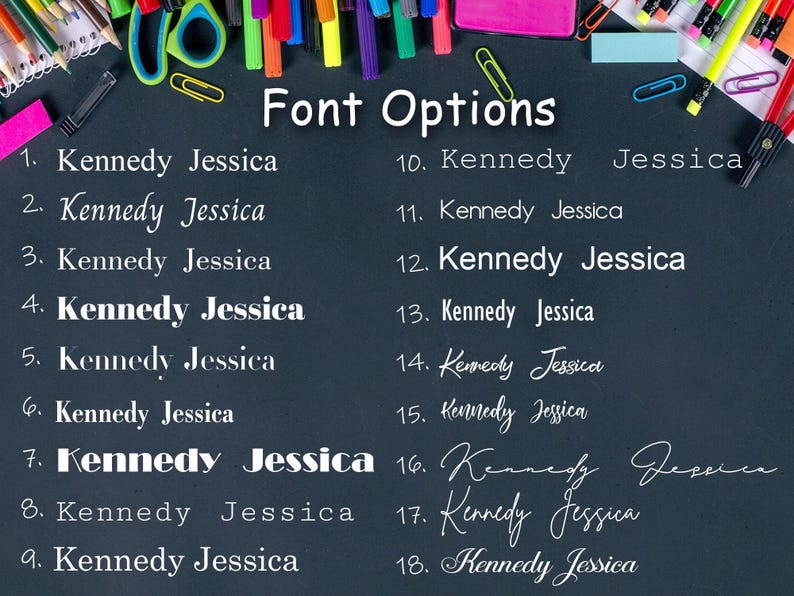 Pu&ograve; includere: Una lavagna nera con il testo "Font Options" scritto in bianco. Diciotto diversi stili di font sono visualizzati, numerati da 1 a 18, con il nome "Kennedy Jessica" scritto in ogni stile.