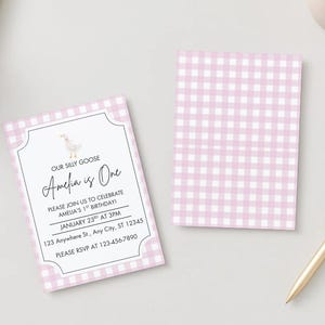 One Silly Goose First Birthday Invitation | Pink Gingham Girl 1st Birthday Party | Editable Canva Template | Digital Download