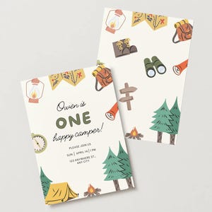 Une invitation de campeur heureux | Invitation premier anniversaire de camping | Modèle de toile modifiable | Fête d'aventure en plein air | Téléchargement numérique