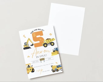 May include: White invitation card with construction-themed graphics. The card features a large orange number 5, construction vehicles, and the text "Aaron is Five!" with event details. A blank white card is next to it.