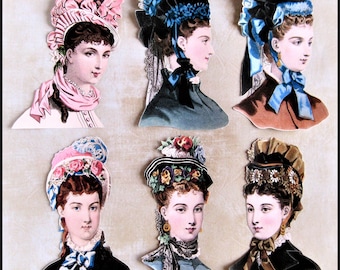 6 x "1870's Hat Ladies" vintage reprint. Die cut- paper stickers/ not WATERPROOF