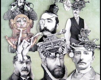 6 x "Steampunk Men" matte paper stickers. vintage reprint. Die cut- paper stickers/ not WATERPROOF