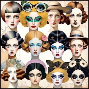 May include: A digital illustration featuring twelve women, each with a distinct hairstyle and makeup. Every woman is adorned with a unique hat or headpiece. The background is a light beige colour.