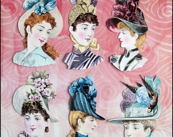6 x "1880's Hat Ladies" vintage reprint. Die cut- paper stickers/ not WATERPROOF.Fashion Sticker