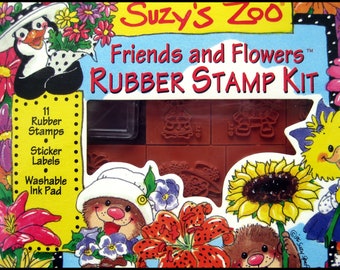 2001 Unopened Suzy's Zoo "Friends and Flowers" rubber stamp set/ Rubber Stampede/ 11 stamps, ink pad/sticker labels