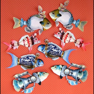 8 x Funky Fish stickers, vintage reprint Die cut matte paper stickers/ not WATERPROOF image 1