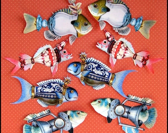 8 x "Funky Fish" stickers, vintage reprint Die cut- matte paper stickers/ not WATERPROOF
