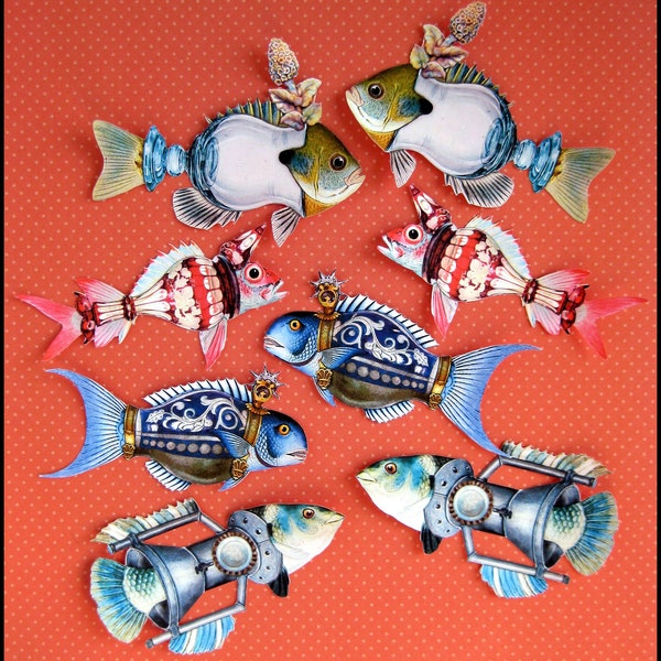 8 x "Funky Fish" stickers, vintage reprint Die cut- matte paper stickers/ not WATERPROOF