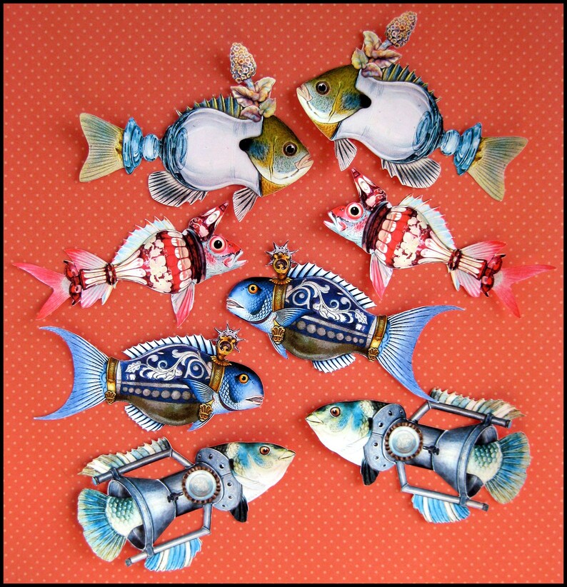 8 x Funky Fish stickers, vintage reprint Die cut matte paper stickers/ not WATERPROOF image 1