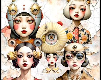 Puede incluir: Cinco ilustraciones caprichosas de personajes de dibujos animados con ojos grandes y tocados elaborados. Los personajes se representan en un estilo colorido e imaginativo, con detalles intrincados y patrones.