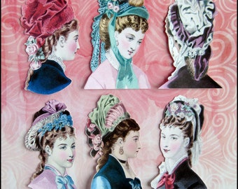 6 x "1870's Hat Ladies" vintage reprint. Die cut- paper stickers/ not WATERPROOF.Fashion Sticker