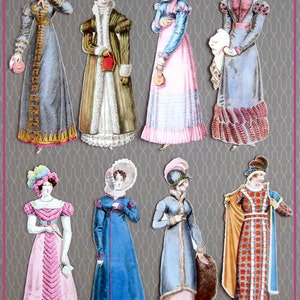 May include: A set of eight vintage paper dolls, each dressed in a different style of clothing from the 1800s. The dolls are all women, and they are wearing dresses, hats, and other accessories. The dolls are all in different colors, and they are all very detailed.