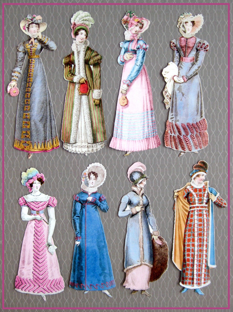 May include: A set of eight vintage paper dolls, each dressed in a different style of clothing from the 1800s. The dolls are all women, and they are wearing dresses, hats, and other accessories. The dolls are all in different colors, and they are all very detailed.