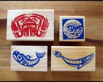 4 x unused vintage Indigenous influenced rubber stamps, wood base/ Funny Business Canada Inc, West Cost