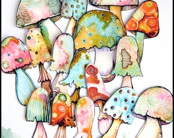 16 x watercolor reprint MUSHROOM matte paper stickers /not waterproof for indoor use only