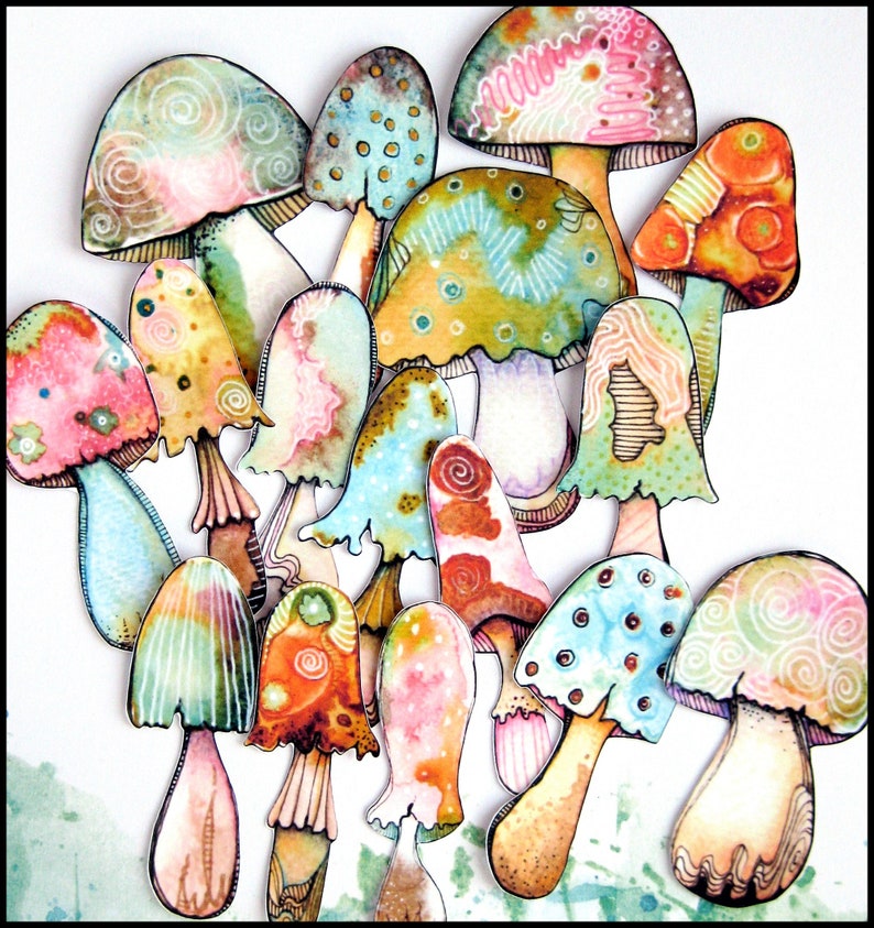 16 x watercolor reprint MUSHROOM matte paper stickers /not waterproof for indoor use only image 1