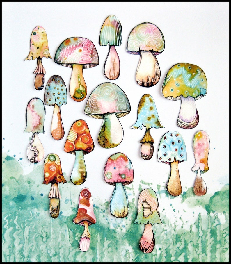 16 x watercolor reprint MUSHROOM matte paper stickers /not waterproof for indoor use only image 2