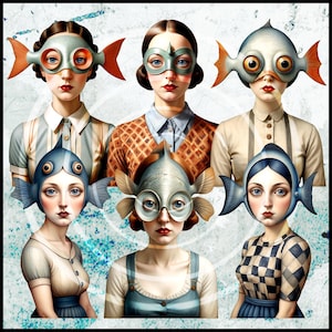 May include: Six women with pale skin and red lips are depicted wearing fish-themed masks or headwear. The masks and headwear are in shades of silver, blue, and orange. The women are wearing various vintage-style clothing, including blouses and dresses.