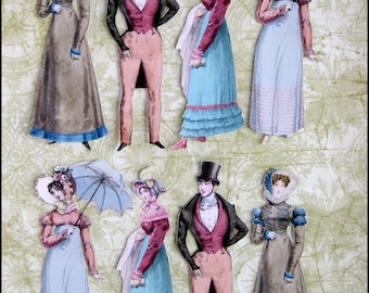 8 x Regency Jane Austen stickers, vintage reprint. Die cut- matte paper/ not WATERPROOF