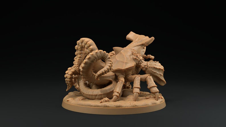 May include: A brown, detailed miniature of a creature with a crab-like body and an octopus-like head. The creature is posed on a round base with a sandy texture.