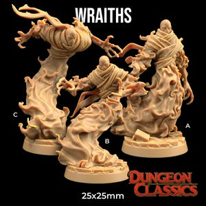 May include: Three miniature plastic figures of wraiths, each with a flowing, translucent, ghostly form. The figures are painted in shades of beige and brown, and are standing on circular bases. The figures are labeled A, B, and C. The text "WRAITHS" is printed at the top of the image. The text "25x25mm" is printed at the bottom of the image. The text "DUNGEON CLASSICS" is printed at the bottom right of the image.