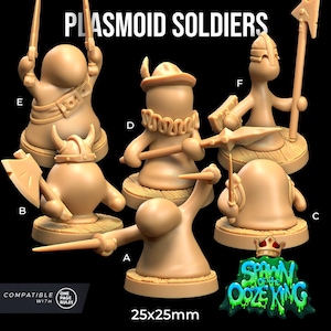 Puede incluir: Cinco figuras en miniatura de 25 mm de criaturas con forma de blob de color beige con diferentes accesorios, como una espada, un hacha y una lanza. Las figuras están etiquetadas de la A a la F. Las figuras son del juego Spawn of the Ooze King.