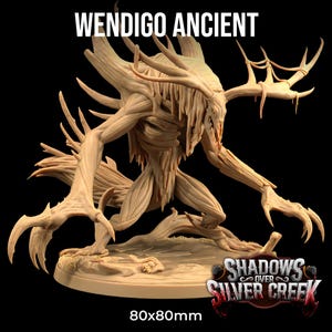 May include: A detailed, unpainted miniature of a Wendigo Ancient, a creature from the Shadows Over Silver Creek tabletop game. The miniature is made of a light brown plastic and is 80mm x 80mm in size.