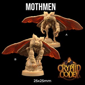 May include: Two Mothmen figurines, labelled A and B, with tan bodies and large, reddish-orange wings. The figurines are posed on small platforms. The text "MOTHMEN" is at the top, and "CRYPTID CODEX" is in the lower right corner. The base size is 25x25mm.
