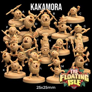 May include: A set of 12 Kakamora figurines, each standing on a round base. The figurines are made of brown and tan plastic and are shaped like coconuts with faces. The text "KAKAMORA" and "THE FLOATING ISLE" are visible in the image. Each figurine is 25mm x 25mm.