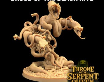 May include: A beige sculpture of intertwined snakes with open mouths, labeled "Brood of the Black Rite." The base is a light brown color, and the text "Throne of the Serpent Queen" is visible. The sculpture measures 80x80mm.