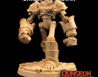 May include: A brown plastic miniature of a robot warrior, called "Shield Guardian", standing on a rocky base. The miniature is 50mm x 50mm.