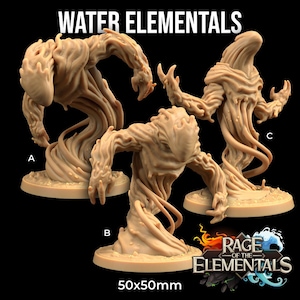 Puede incluir: Tres miniaturas de elementales de agua para juegos de rol de mesa. Las miniaturas están hechas de plástico marrón claro y están en poses dinámicas. Las miniaturas miden 50 mm x 50 mm. Las miniaturas son parte del juego Rage of the Elementals.