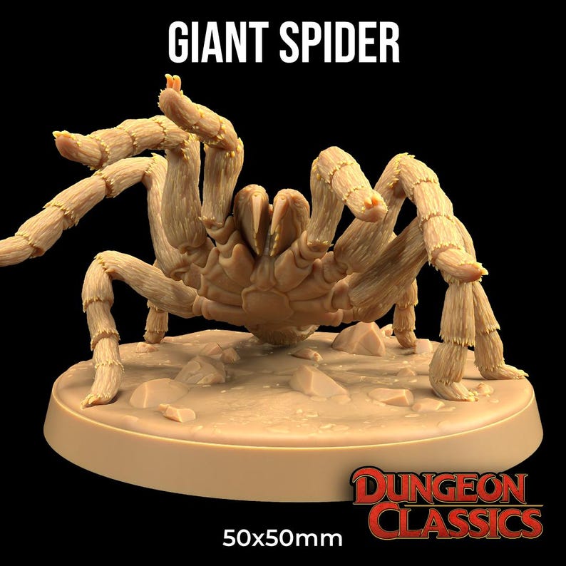 Pode incluir: Uma miniatura de aranha gigante marrom e bege para jogos de mesa. A aranha est&aacute; em uma base redonda com textura arenosa. A base &eacute; etiquetada como "Dungeon Classics" e "50x50mm".