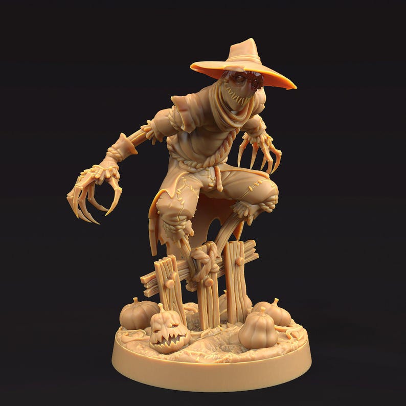 May include: A tan-colored figurine of a scarecrow with a wide-brimmed hat, tattered clothing, and claw-like hands. The scarecrow is posed on a wooden fence with carved pumpkins at its base. The figure has a menacing expression, perfect for Halloween.