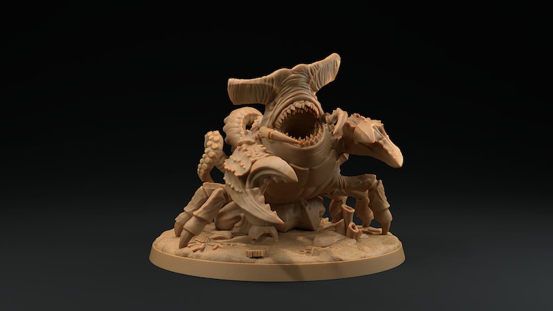 May include: A brown, 3D printed miniature of a monstrous creature with a shark head, crab claws, and octopus tentacles. The creature is posed in a menacing stance with its mouth open, revealing sharp teeth.