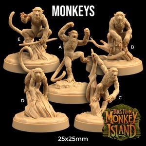 Puede incluir: Colección de figuras de monos beige en varias poses, incluyendo escalar y sentarse. La palabra "MONKEYS" se muestra en la parte superior. También se ve el texto "TALES FROM MONKEY ISLAND". La base mide 25x25mm.
