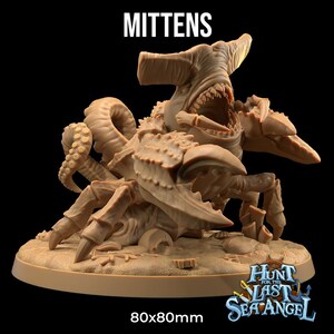 May include: A detailed, hand-painted miniature of a monstrous sea creature called "Mittens" from the game "Hunt for the Last Sea Angel". The creature is a combination of a shark, crab, and octopus, with sharp teeth, claws, and tentacles. The miniature is 80mm x 80mm and is ready to be used in tabletop games.