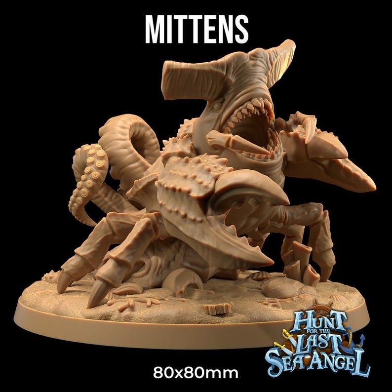 May include: A detailed, hand-painted miniature of a monstrous sea creature called "Mittens" from the game "Hunt for the Last Sea Angel". The creature is a combination of a shark, crab, and octopus, with sharp teeth, claws, and tentacles. The miniature is 80mm x 80mm and is ready to be used in tabletop games.