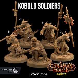 May include: Five unpainted plastic miniatures of kobold soldiers, each standing on a 25mm round base. The kobolds are wearing armor and holding weapons, including a sword, spear, and axe. The miniatures are compatible with the One Page Rules system. The miniatures are labeled A, B, C, D, and E. The image also includes the text "Kobold Soldiers" and "Children of the Flame Part 2".