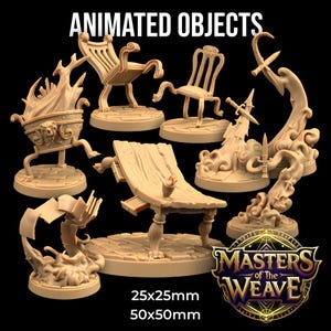 May include: A collection of animated objects, including chairs, a table, a book, and swords, all in a light brown color. The text "ANIMATED OBJECTS" is at the top. The image also includes the text "MASTERS OF THE WEAVE" and size dimensions.