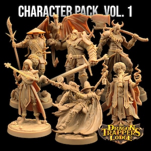 May include: A set of 7 fantasy character miniatures, including a dragon, a warrior, a wizard, a bard, a rogue, a ranger, and a cleric. The miniatures are made of plastic and are painted in a variety of colors. The set is labeled "Character Pack Vol. 1" and "The Dragon Trappers Lodge".