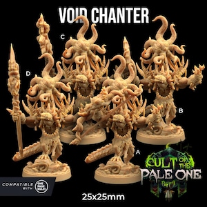 May include: Four detailed miniature figures of Void Chanters from the Cult of the Pale One game. Each figure is painted in a light brown color and stands on a round base. The figures are 25mm in diameter.