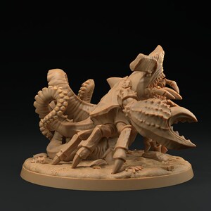 May include: A brown, detailed miniature of a crab-like creature with tentacles. The creature has a large, spiky claw and a segmented body. It is standing on a round base.