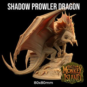 May include: A beige-colored Shadow Prowler Dragon figurine, approximately 3.15 x 3.15 inches, with large wings and a detailed, textured body. The dragon is perched on a rocky base, with the text "Tales From Monkey Island" visible. The image also includes the text "Shadow Prowler Dragon".