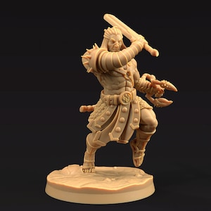 May include: A miniature figurine of a fantasy creature, a minotaur, with a sword and a claw weapon. The figurine is painted in a light brown color and is standing on a round base.